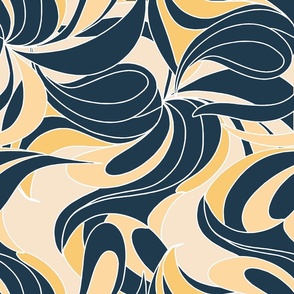 Blue swirl pattern - yellow-cream | Large Version | Retro, boho, vintage, classic print