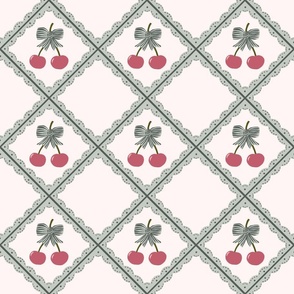 Coquette Cherry Tile in Sage Green on Cream