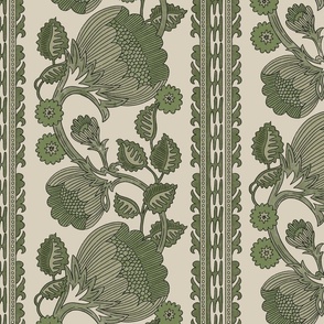 Grandmillennial trailing floral and leaves stripe in shades of Olive and Sage Green on an off white / cream background