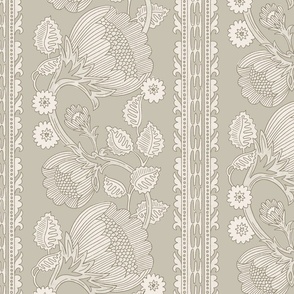 Grandmillennial soft neutral trailing floral and leaves stripe in light shades of cream and beige and off-white