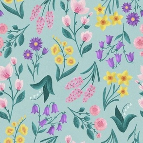 MEDIUM Colorful Pink Purple Yellow Green Hand-Drawn Textured Spring Flowers on a Pastel Light Blue background