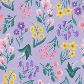 MEDIUM Colorful Pink Purple Yellow Green Hand-Drawn Textured Spring Flowers on a Lilac Light Lavender Violet background