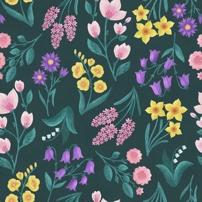 MEDIUM Colorful Pink Purple Yellow Green Hand-Drawn Textured Spring Flowers on a Dark Green background