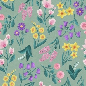 MEDIUM Colorful Pink Purple Yellow Green Hand-Drawn Textured Spring Flowers on a Pastel Light Celadon Green background