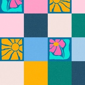 Block Print Retro Floral and Sun Checkboard