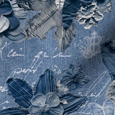 Romantic Blue Denim Jeans Flowers And Script