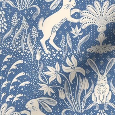 rabbits at the fountain / blue and cream - medium scale