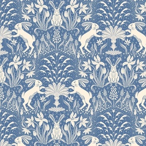 rabbits at the fountain / blue and cream - medium scale