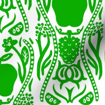 Fruity Retro Big Modern Apples And Grapes Grass Green On White  Wallpaper Style Retro Modern Cottagecore Scandi Flower Repeat Pattern