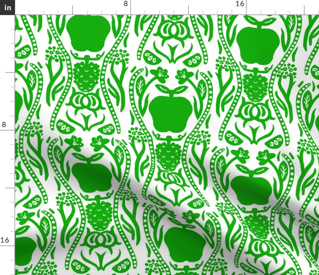 Fruity Retro Big Modern Apples And Grapes Grass Green On White  Wallpaper Style Retro Modern Cottagecore Scandi Flower Repeat Pattern