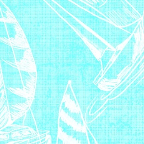 Sailboat Sketches on Coastal Blue Linen Texture Background, Large Scale Design