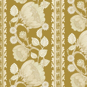 Grandmillennial trailing floral and leaves stripe in shades of Golden Mustard Yellow and Creamy Off-White