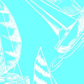 Sailboat Sketches on Coastal Blue Background, Large Scale Design