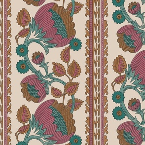 Grandmillennial bold, bright and moody trailing floral and leaves stripe in shades of Mauve and Teal and TerraCotta Brown on an off white / cream background