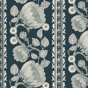 Grandmillennial dark trailing floral and leaves stripe in dark blue and creamy off-white