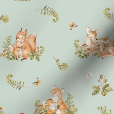 Woodland Mama and Baby Animal - gender neutral nursery (misty green)