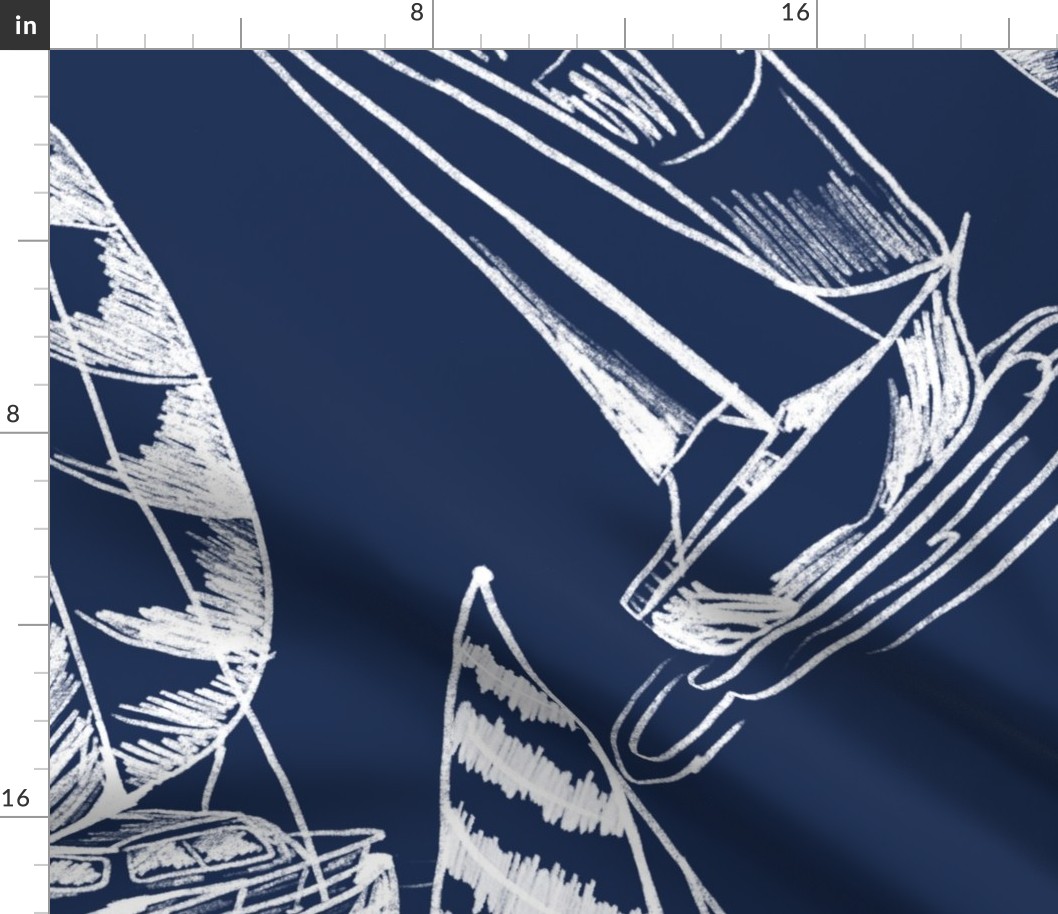 Sailboat Sketches on Navy  Background, Large Scale Design