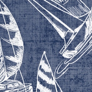 Sailboat Sketches on Navy Linen Texture Background, Large Scale Design