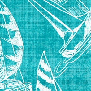 Sailboat Sketches on Teal Linen Texture Background, Large Scale Design