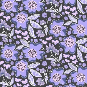 Modern graphic bold blue and purple flowers in retro repeat pattern for fabric