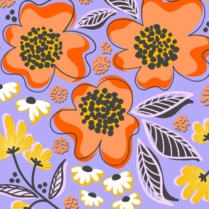 Large-Scale modern graphic bold red and orange flowers in retro repeat pattern for fabric