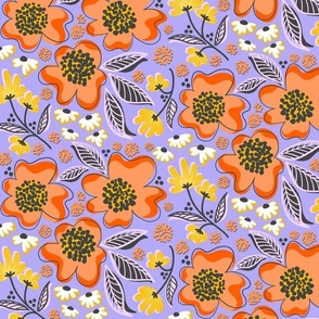 Modern graphic bold red and orange flowers in retro repeat pattern for fabric