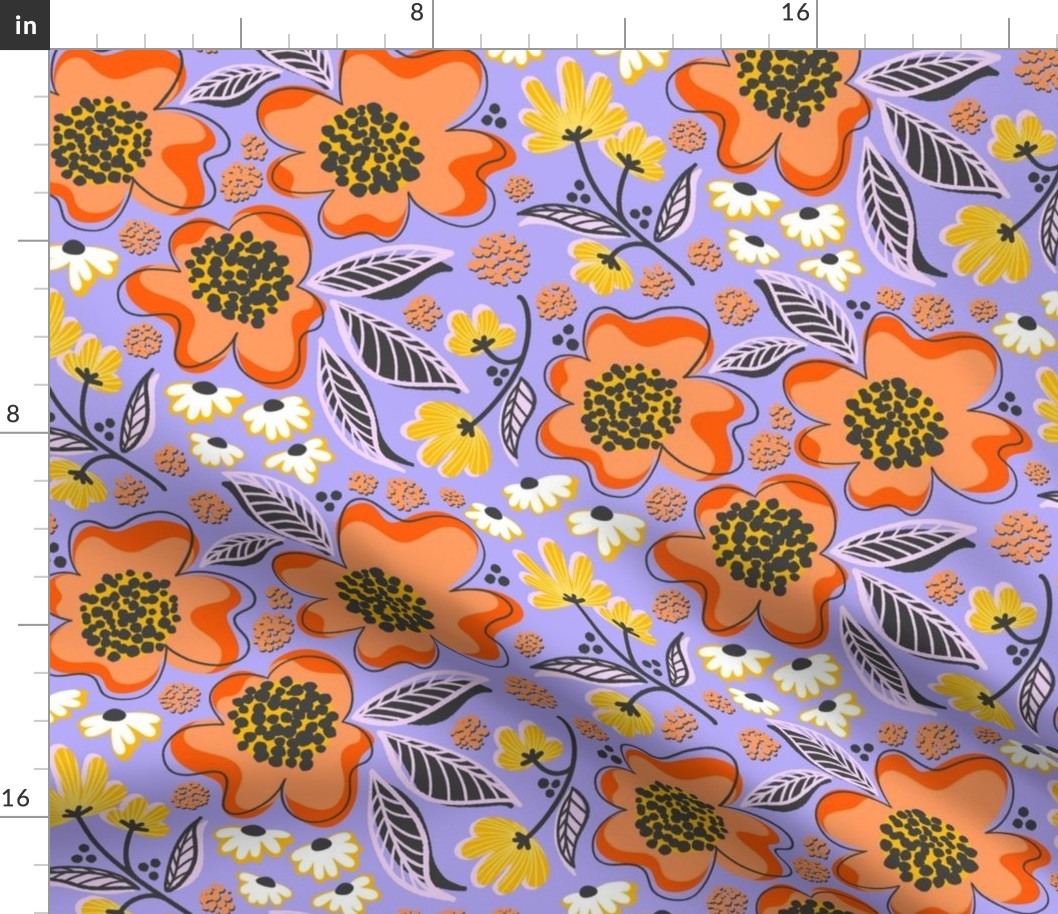 Modern graphic bold red and orange flowers in retro repeat pattern for fabric