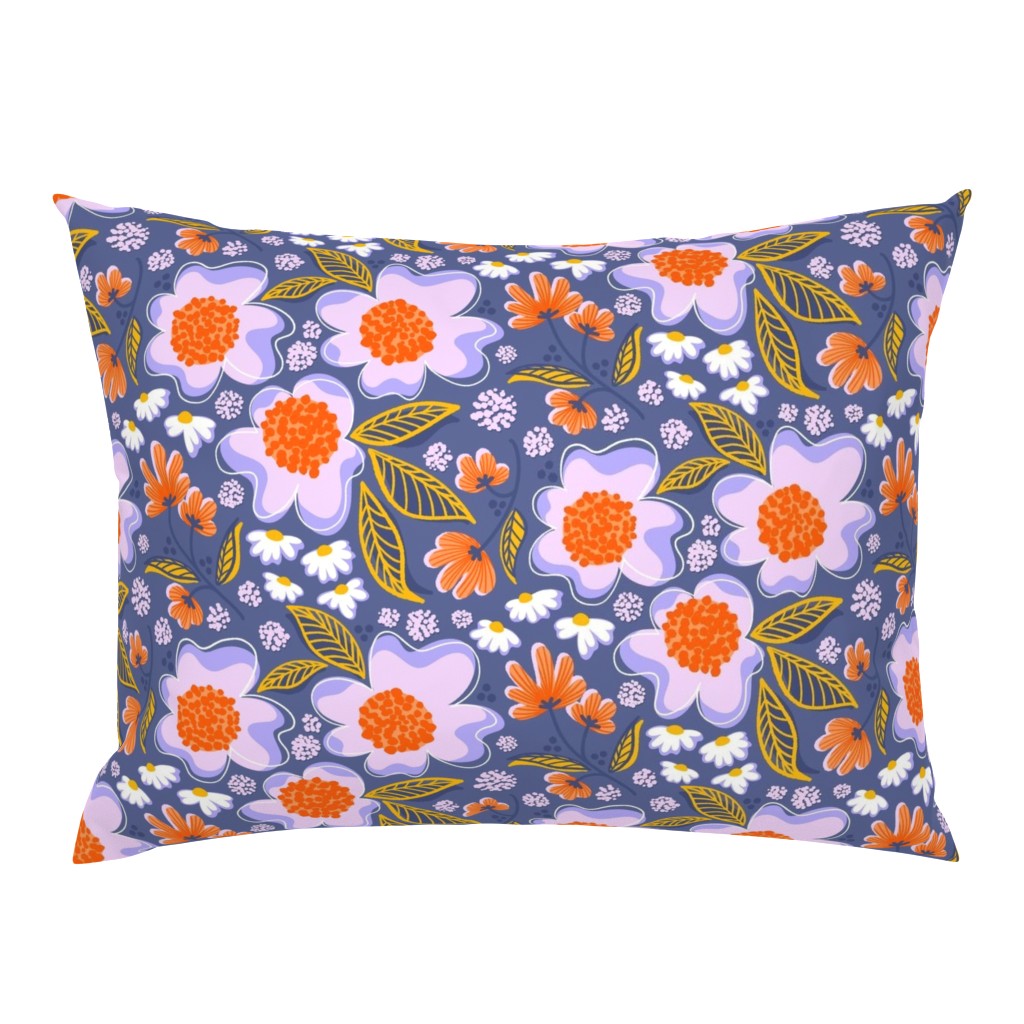 Modern graphic bold red and purple flowers in retro repeat pattern
