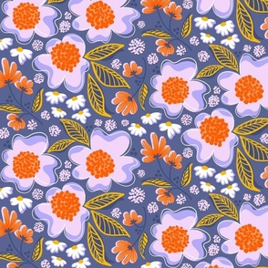Modern graphic bold red and purple flowers in retro repeat pattern