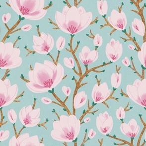 MEDIUM Delicate Hand-Drawn Textured Spring Magnolia Flowers on a Light Blue background 