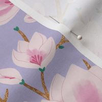 MEDIUM Delicate Hand-Drawn Textured Spring Magnolia Flowers on a Lilac Light Lavender Violet background 