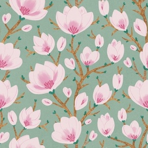 MEDIUM Delicate Hand-Drawn Textured Spring Magnolia Flowers on a Light Pastel Celadon Green background 
