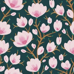 MEDIUM Delicate Hand-Drawn Textured Spring Magnolia Flowers on a Dark Green background 