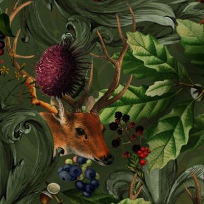 Vintage Forest Romanticism: Maximalism Moody Woodland Florals And Wild Animals-  Antiqued Damask Ornaments and Nostalgic Gothic Mystic Garden- Antique Botany Wallpaper and Victorian Goth Mystic inspired  - dark green