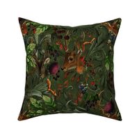 Vintage Forest Romanticism: Maximalism Moody Woodland Florals And Wild Animals-  Antiqued Damask Ornaments and Nostalgic Gothic Mystic Garden- Antique Botany Wallpaper and Victorian Goth Mystic inspired  - dark green
