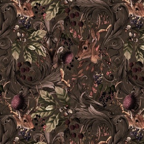 Vintage Forest Romanticism: Maximalism Moody Woodland Florals And Wild Animals-  Antiqued Damask Ornaments and Nostalgic Gothic Mystic Garden- Antique Botany Wallpaper and Victorian Goth Mystic inspired  sepia brown