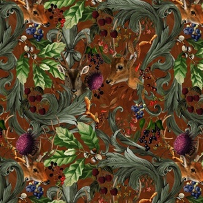Vintage Forest Romanticism: Maximalism Moody Woodland Florals And Wild Animals-  Antiqued Damask Ornaments and Nostalgic Gothic Mystic Garden- Antique Botany Wallpaper and Victorian Goth Mystic inspired  brown