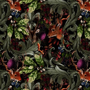 Vintage Forest Romanticism: Maximalism Moody Woodland Florals And Wild Animals-  Antiqued Damask Ornaments and Nostalgic Gothic Mystic Garden- Antique Botany Wallpaper and Victorian Goth Mystic inspired  deepest moody black