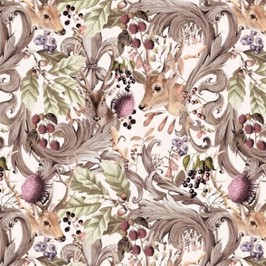 Vintage Forest Romanticism: Maximalism Moody Woodland Florals And Wild Animals-  Antiqued Damask Ornaments and Nostalgic Gothic Mystic Garden- Antique Botany Wallpaper and Victorian Goth Mystic inspired  - off white