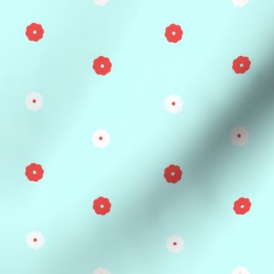 M July 4th picnic coordinate - polka dot scalloped flowers, red, white & blue on aqua