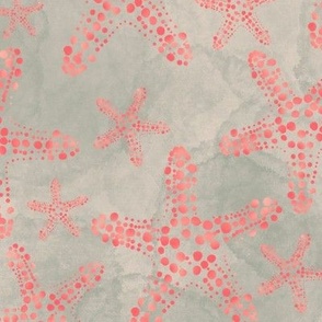 12” repeat Dotty peachy starfish fresco at the beach, painterly abstract on sagegreen