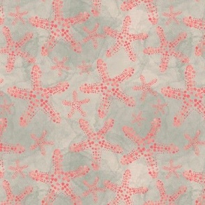 6” repeat Dotty peachy starfish fresco at the beach, painterly abstract on sagegreen