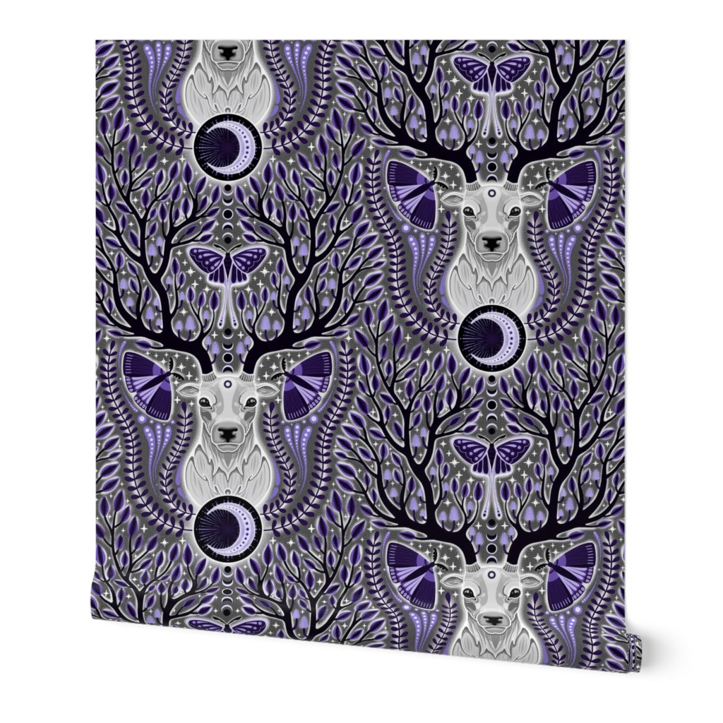 MEDIUM  Mystical Monochrome Forest: An Art Nouveau-Inspired Deer and Celestial Butterflies Design 0020 L plant midnight black periwinkle wing antler star botanical life white moon black and white smoke body art nouveau white head tree victorian butterfly 