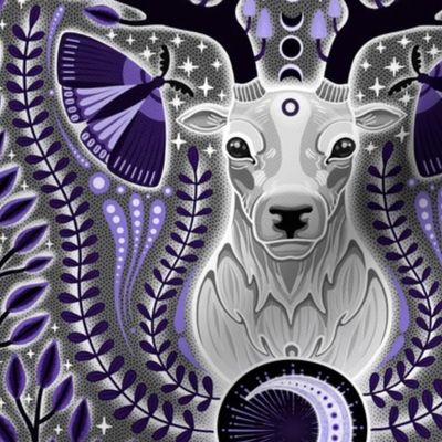 MEDIUM  Mystical Monochrome Forest: An Art Nouveau-Inspired Deer and Celestial Butterflies Design 0020 L plant midnight black periwinkle wing antler star botanical life white moon black and white smoke body art nouveau white head tree victorian butterfly 