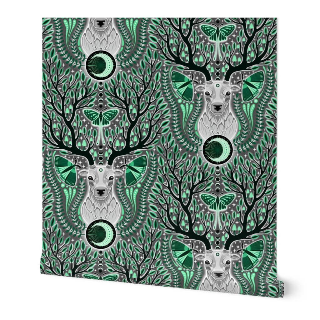 MEDIUM  Magic whimsigothic deer spirit 0020 F antler center crescent head butterfly tree leaf image object star circle motif black and white white woodland animal black art nouveau white smoke aquamarine woodland platinum forest celadon gothic silver anim