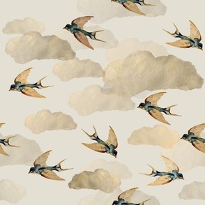 Large Retro Golden Swallow Birds on Cream / Clouds / Sky / Fly