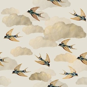 Medium golden swallow birds on cream / vintage / retro