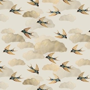 6" Vintage golden swallows / birds on cream / retro