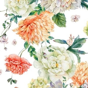 Vintage watercolor royal peonies and wildflowers on white