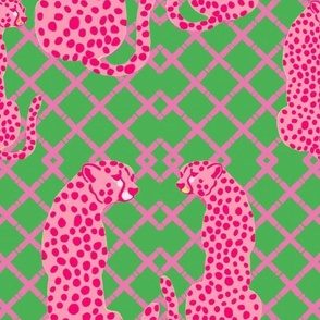 Preppy pink cheetah on pink and green lattice